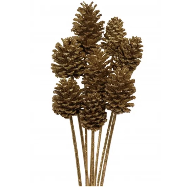 Gold Glitter Pine Cones Medium (8 Stems)