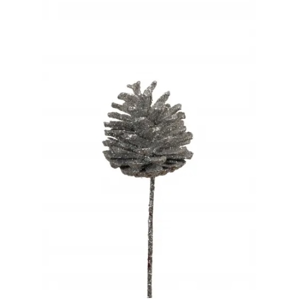 Silver Glitter Pine Cones Regular (Stem)