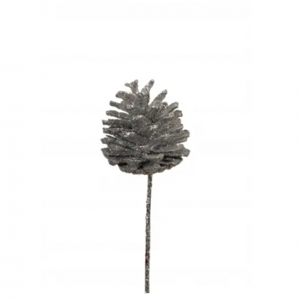Silver Glitter Pine Cones Regular (Stem)