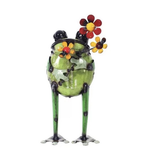 Standing Frog with Flower Metal Sculpture