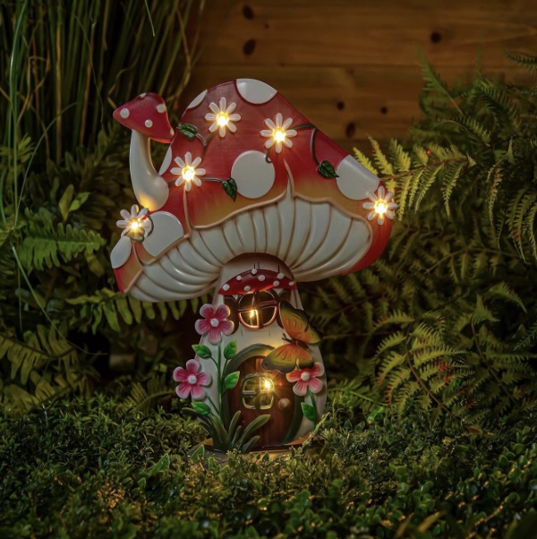 LED Metal Floral Mushroom House 16"H