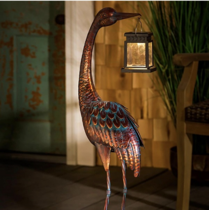 Metal Crane with Solar Lantern, 33.5"H