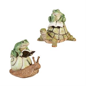 Resin Reading Frog Sitting On Snail or Turtle, 7"H