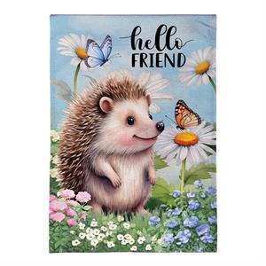 Hedgehog & Daisies Mini Burlap Garden Flag