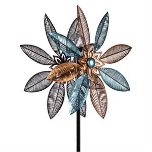 Copper and Turquoise Pedal Flower Metal Solar Wind Spinner 75"