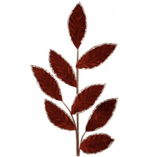Burgundy Velvet Glitter Leaf Spray 28"
