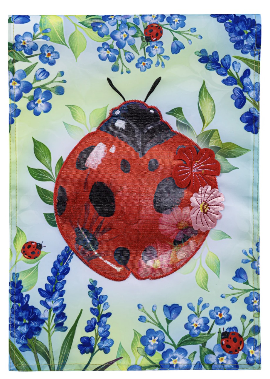 Blue Florals Ladybug Applique  Mini Garden Flag
