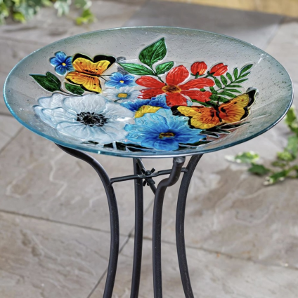 Flower Butterfly Hand-Painted Glass Birdbath 18"